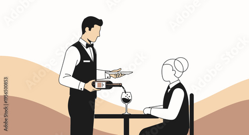 Stylized illustration depicting a waiter serving wine to a seated customer in a restaurant