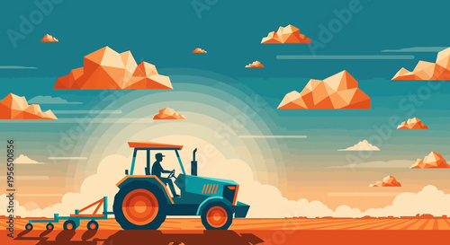 Stylized agriculture landscape showcasing a tractor working in a field with polygonal clouds