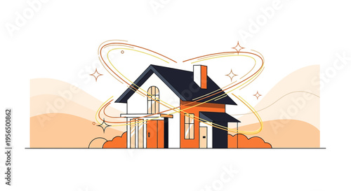 Stylized illustration of a clean, modern house with radiant glowing effects emanating from its