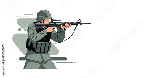 Stylized army soldier in action aiming with assault rifle, vector illustration modern graphics