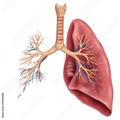 Illustration of human respiratory system highlighting trachea, bronchi, and lungs