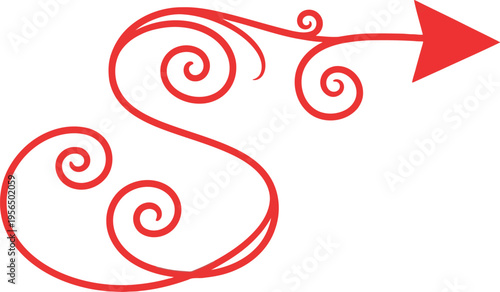A red swirly arrow pointing to the right on a white background with elegant curves