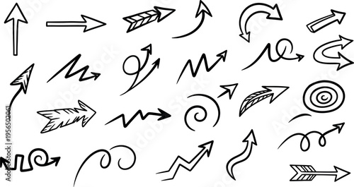 Various hand-drawn arrows pointing directions and symbols on white background.