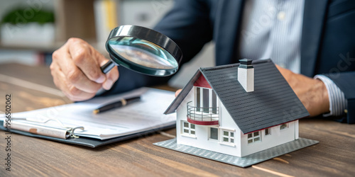 Property evaluation real estate house inspection professional hand magnifying glass document home appraisal investment analysis decision making business concept