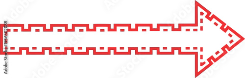 A large red arrow points to the right on a white background with geometric patterns.