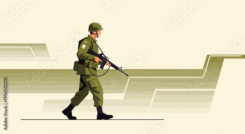 Solemn Soldier on Duty: Vigilant Sentinel with Rifle on Patrol with Abstract Geometric Background
