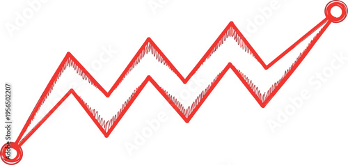 A red arrow graph shows upward trend on white background with zigzag line.