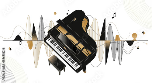 Sophisticated grand piano illustration with abstract sound wave elements design