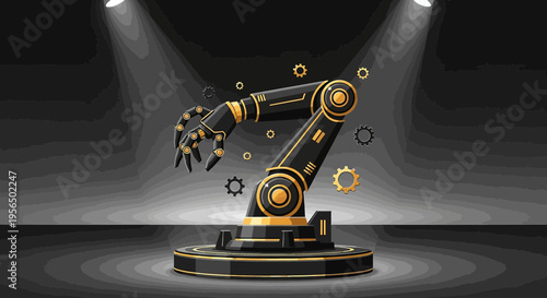 Sophisticated mechanical arm showcased on a pedestal with gears and spotlight effect