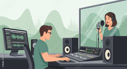 Sound engineer mixing a singer's vocals in a professional recording studio environment using