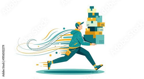 Speedy parcel delivery, cartoon man carrying boxes, quick shipping services illustration