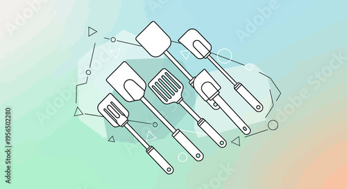 Spatulas ensemble abstract kitchenware representation cooking utensils vector art background
