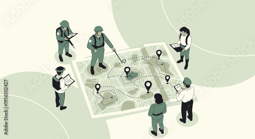 Strategic military planning and teamwork illustration with map and personnel, showcasing