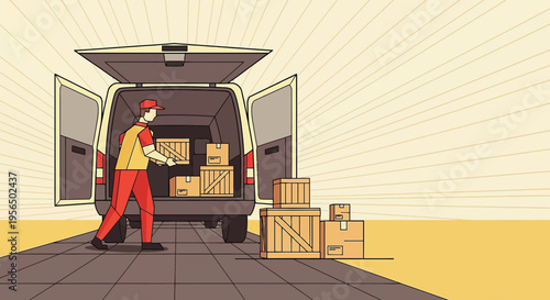 Streamlined Delivery Service Illustration Featuring a Courier Loading Packages into a Van