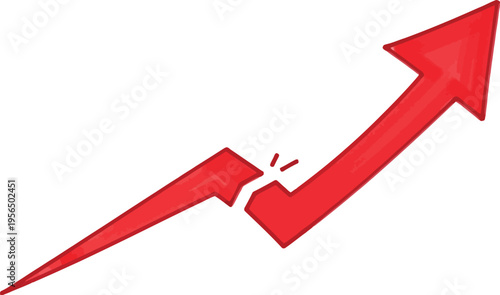 A broken red arrow suddenly jumps up in a sharp upward trend on white.