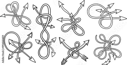 An illustration of multiple intertwined arrows forming various knots and patterns on a white background.