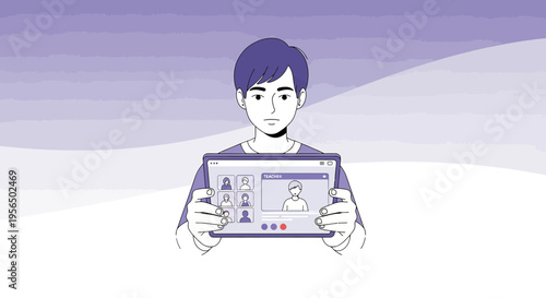 Student attends virtual classroom on tablet device with teacher and classmates displayed amid