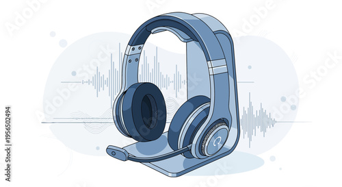 Stylish blue headset illustration with balanced soundwave design for audio fidelity and digital