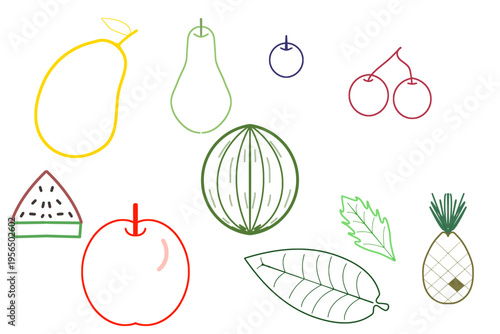 Set of lineart fruits stickers 