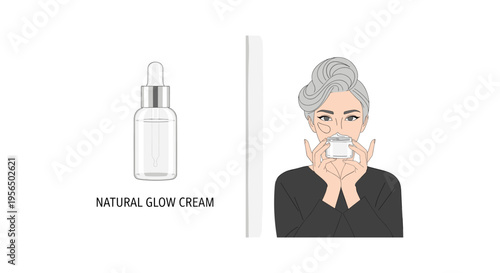 Elderly woman applying natural skincare cream in soft warm lighting for advertising