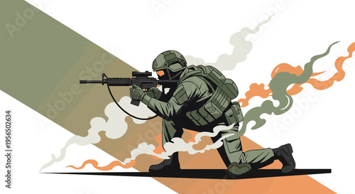 Soldier in action aiming assault rifle in conflict zone with stylized smoke effects