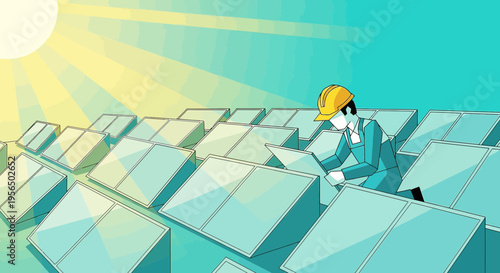 Solar panel installation technician working at array in sunny conditions