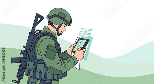 Soldier utilizing tactical tablet for strategic navigation and communication on patrol