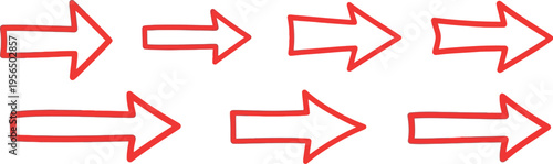 A set of red hand-drawn arrows pointing right on white background, arrow .