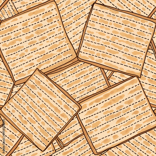 Seamless pattern of traditional Jewish matzah bread, light brown with dotted lines, stacked and overlapping in a repeating design.