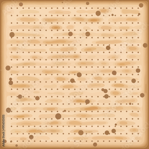Close-up view of a square, light brown cracker with rows of small holes and scattered darker spots, resembling matzah or a baked biscuit.