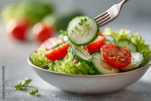 Close-up white bowl filled with cucumber tomato lettuce salad; fork lifts cucumber slice above greens, ideal for healthy eating, marketable fresh produce photography
