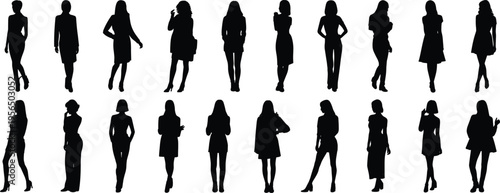 A diverse collection of confident businesswomen silhouettes, representing female leadership, corporate success, and professional empowerment in a modern setting.