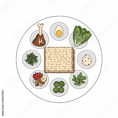 A detailed illustration of a traditional Passover Seder plate with symbolic foods like matzah, lamb shank, egg, maror, karpas, and charoset.