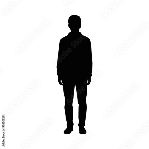 Silhouette of a man standing alone in black against a white background full body view anonymous person