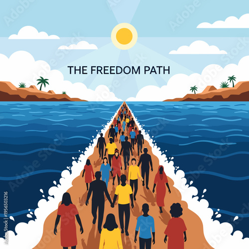 A diverse group of people walking on a path through the parted sea towards a bright sun, symbolizing freedom and unity.
