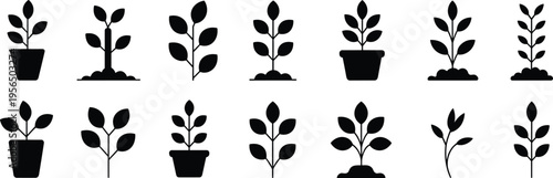 A versatile collection of plant silhouettes in pots, representing growth, nature, and gardening, perfect for eco-friendly and organic designs.