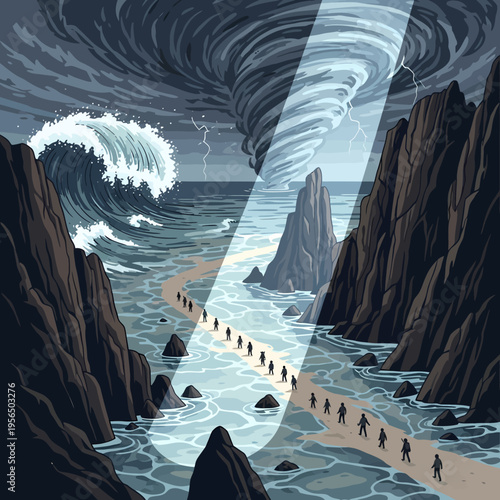 Biblical scene of people walking through a parted sea under a dramatic sky with a tornado and a guiding light beam.