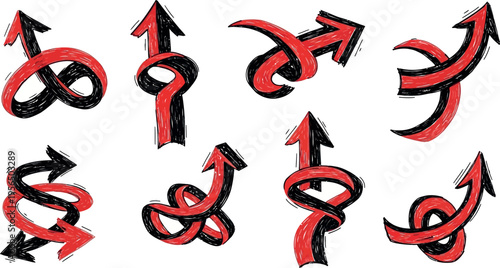 Illustration of red and black twisted arrows pointing up and sideways on white background, arrow 