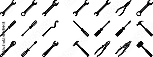 Hand tools silhouette vector illustration collection, twenty black icons showing wrenches, screwdrivers, pliers, hammers, and ratchet designs
