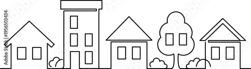 Neighborhood silhouette vector illustration, black and white icon showing houses, apartment building, and trees in suburban residential design