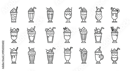 Milkshake Line Icon Set Outline Sweet Dessert Drinks Glasses Minimal Vector Collection Strawberry Chocolate Shake Isolated