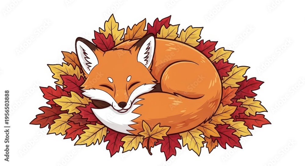 Fototapeta premium Adorable cartoon fox rests curled up cozily among colorful fallen foliage