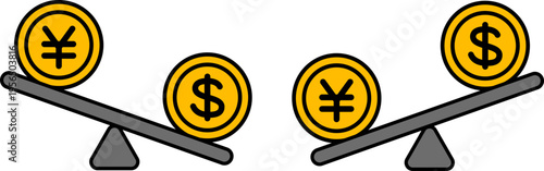 円安ドル高のアイコンと円高ドル安のアイコン（Weak yen/strong dollar icon and strong yen/weak dollar icon）
