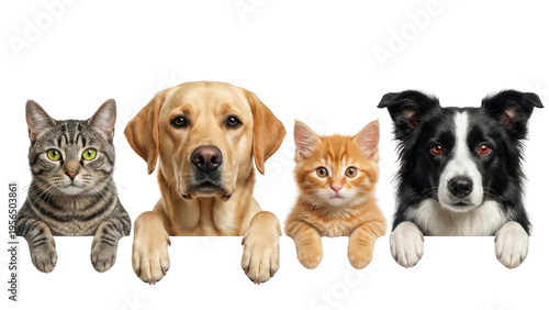 Adorable group of dogs and cats peering over an edge