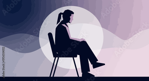 Silhouette illustration of a thoughtful woman sitting in a chair against a moonlit backdrop