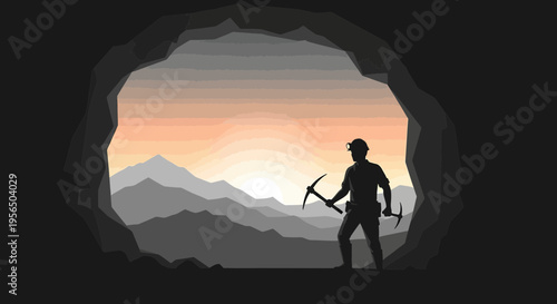Silhouette illustration of a miner inside a cave, with a view of mountains and sunset in the