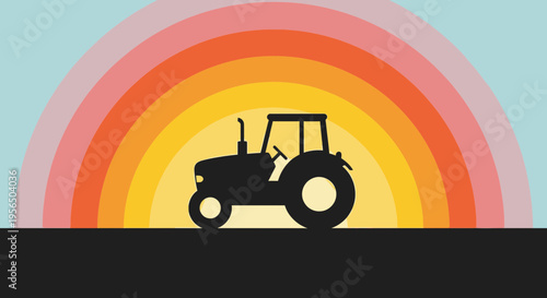 Silhouette of a tractor against a colorful rainbow backdrop evoking rural life