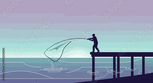Silhouette of a fisherman casting a net from a pier at sunset with a calm sea backdrop minimal