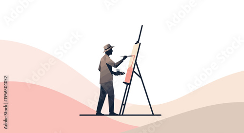 Silhouette of an artist painting on a canvas against a minimalist pastel background