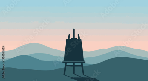 Silhouette of artist's easel amid tranquil, layered mountains at dawn offers creative inspiration